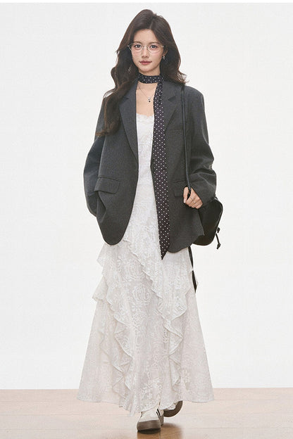 Petite Gray Wool Blazer and White Lace Slip Dress Set-Up