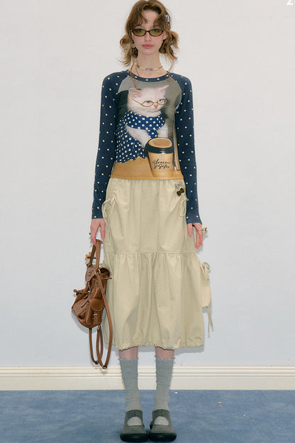 Navy Polka Dot Raglan Cat Print Long Sleeve Top
