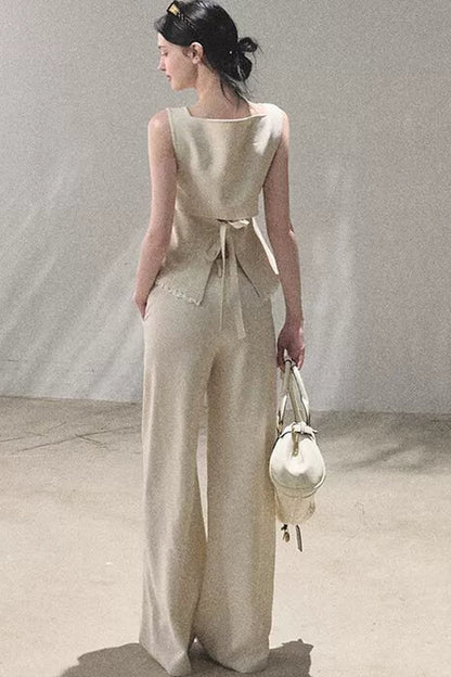 Linen Lace Patchwork Vest and Pants Set-Up