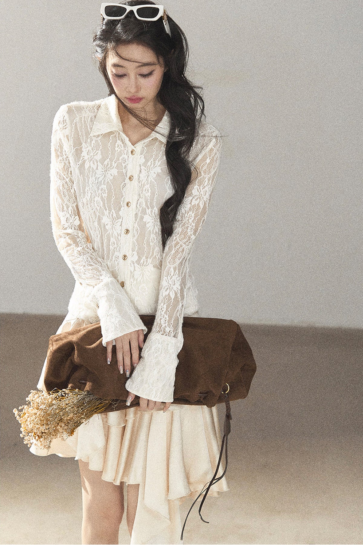 Vine Texture Hollow-Out Lace Polo Shirt