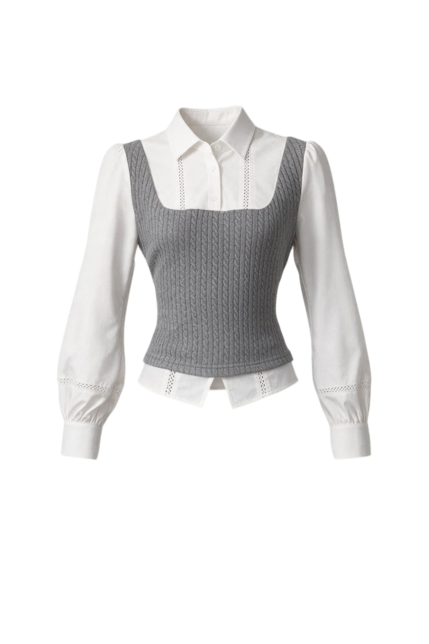 Gray Knit Vest Blouse and Skirt Set-Up