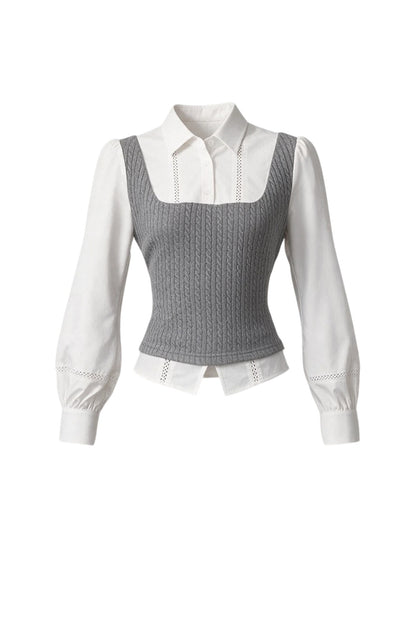 Gray Knit Vest Blouse and Skirt Set-Up