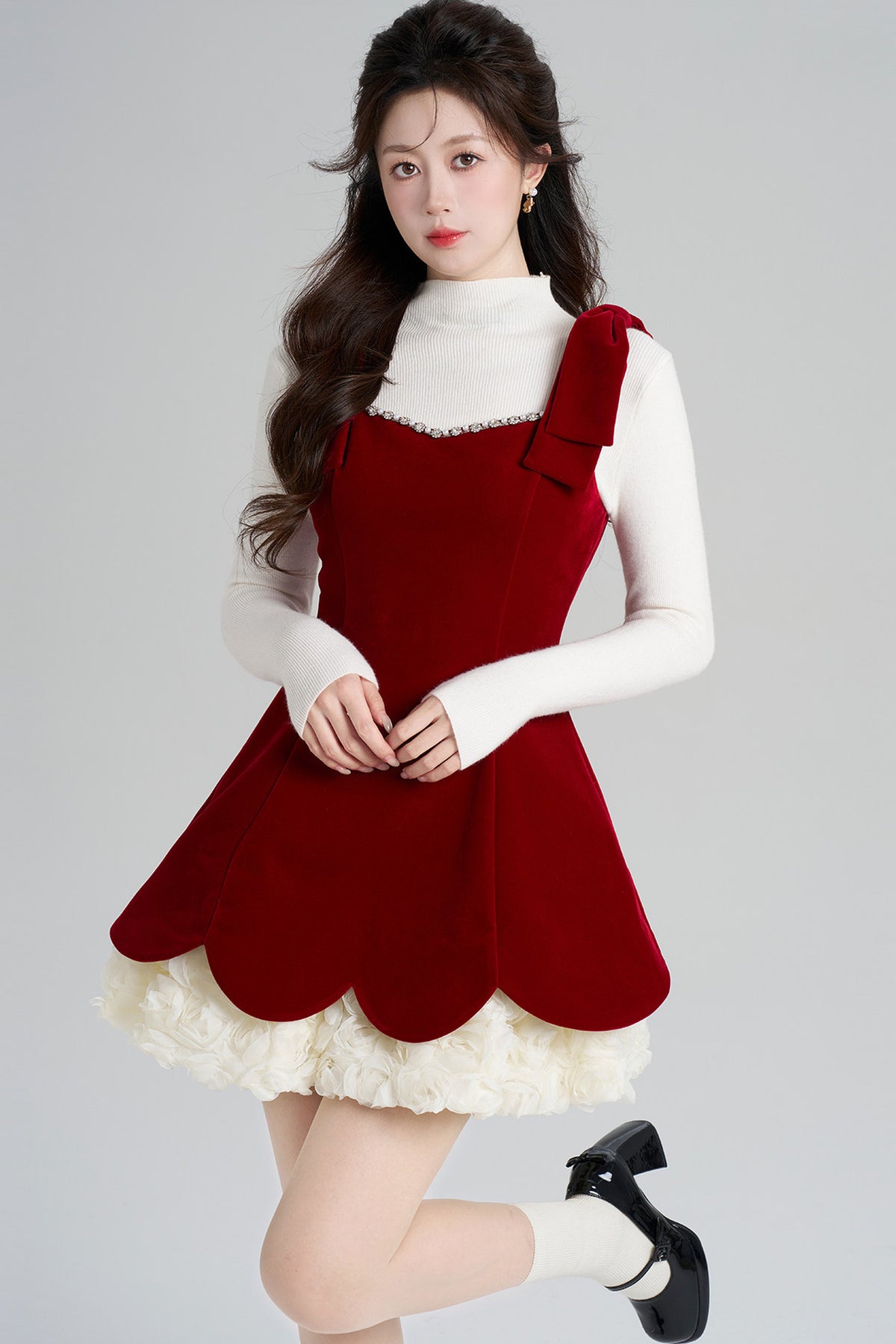 Red Velvet Dress and White Top Set-Up