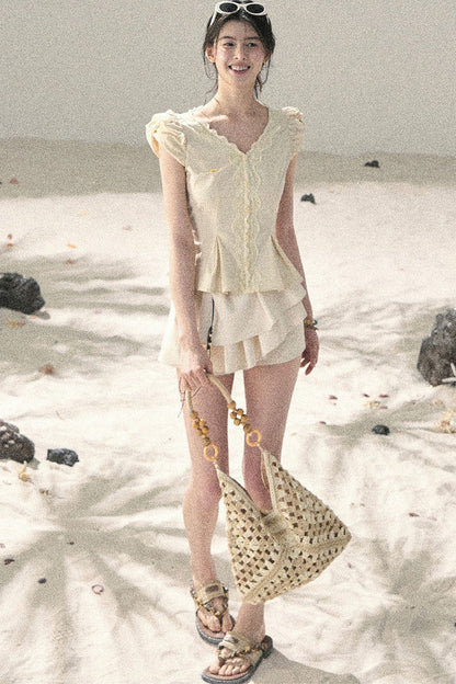 French V-Neck Lace Puff Sleeve Blouse