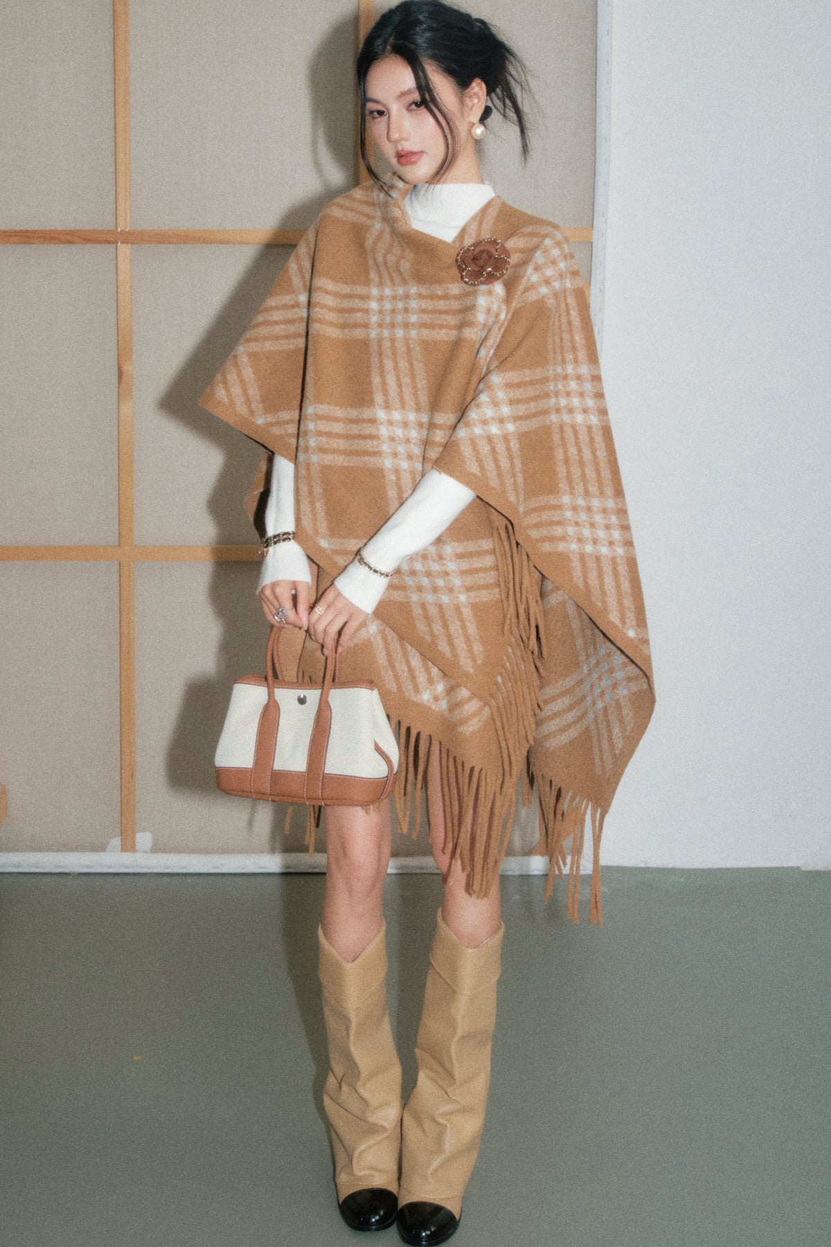 Tassel Plaid Scarf Cape Set-Up