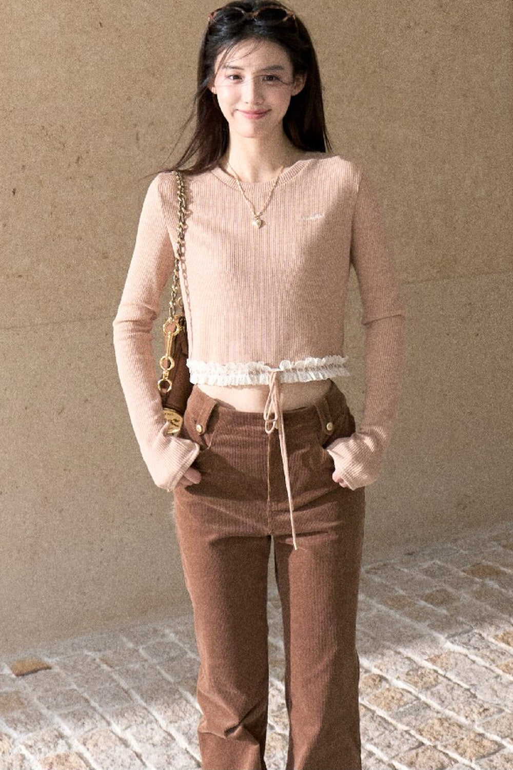 Lace Knit Long-Sleeve Top and Drape Velvet Straight-Leg Pants Set-Up