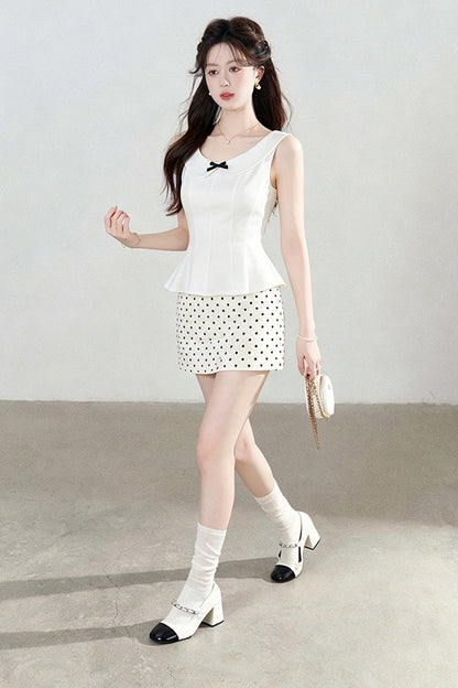 White Sleeveless Shirt and Polka Dot Skirt Set-Up