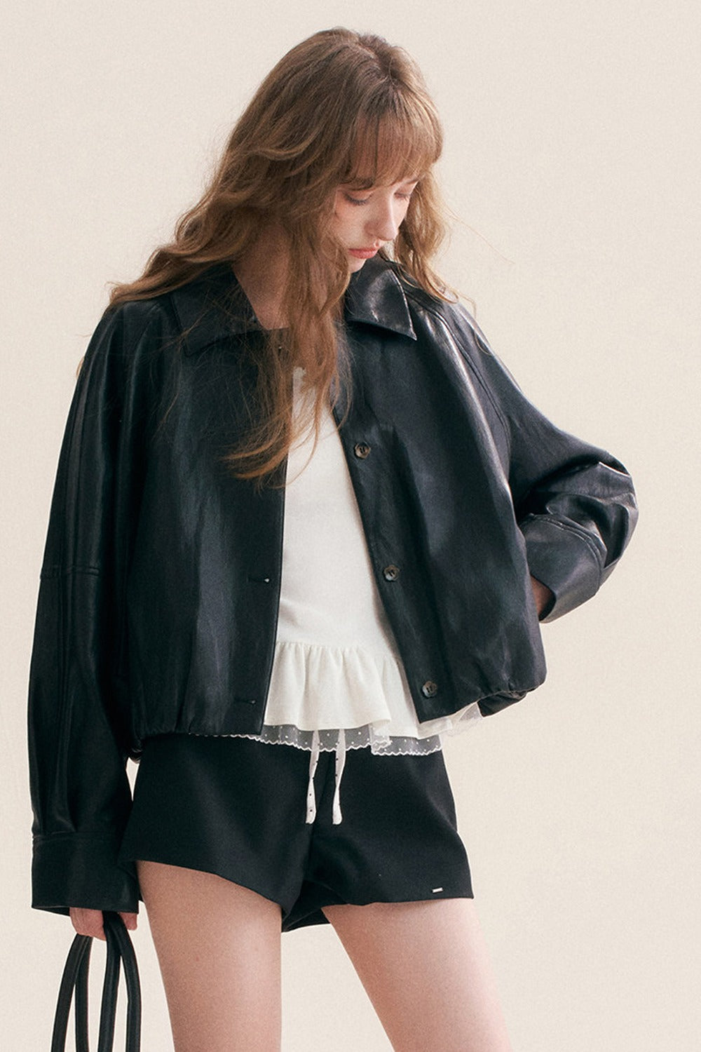 Pleated Drop Shoulder Pu Leather Jacket