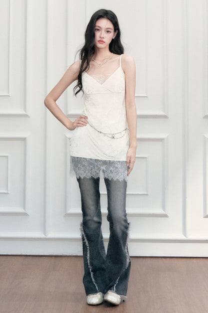 Eyelash Lace Velvet Texture Patchwork Layered Camisole