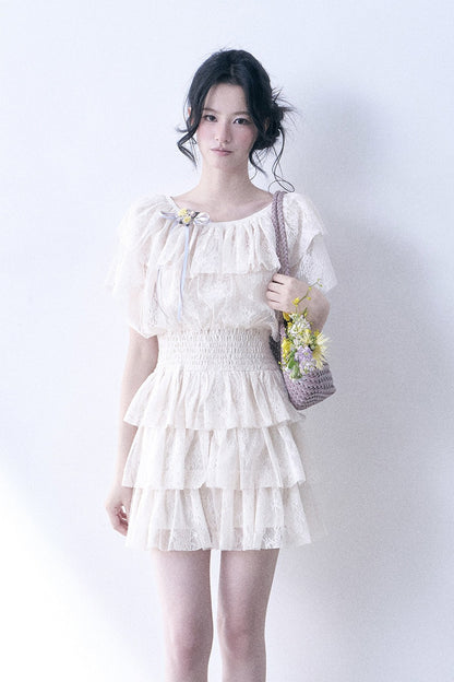 Layered Lace Ruffle Flutter Sleeve Tiered Dress