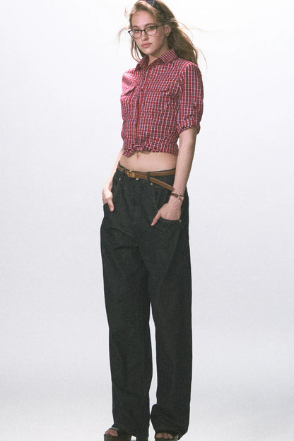 빈티지 슬림핏 체크 블라우스