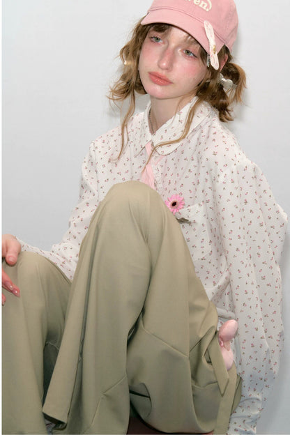 White Floral Lace-Up Doll Collar Blouse