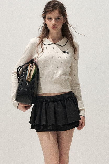 Doll Collar Floral Hollow Knit Top