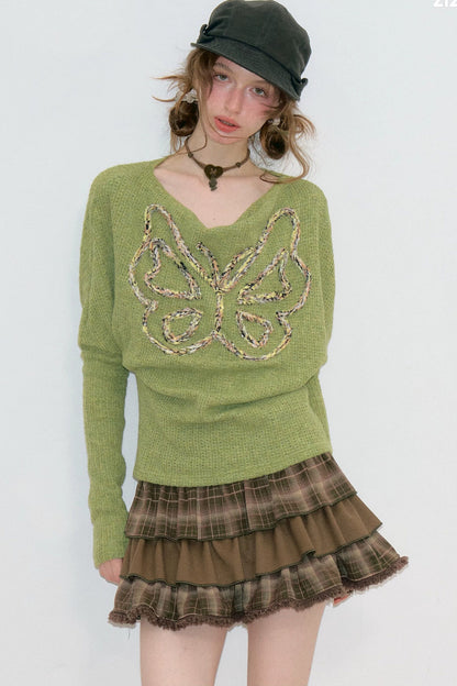 Vintage Butterfly Embroidery Knit Top