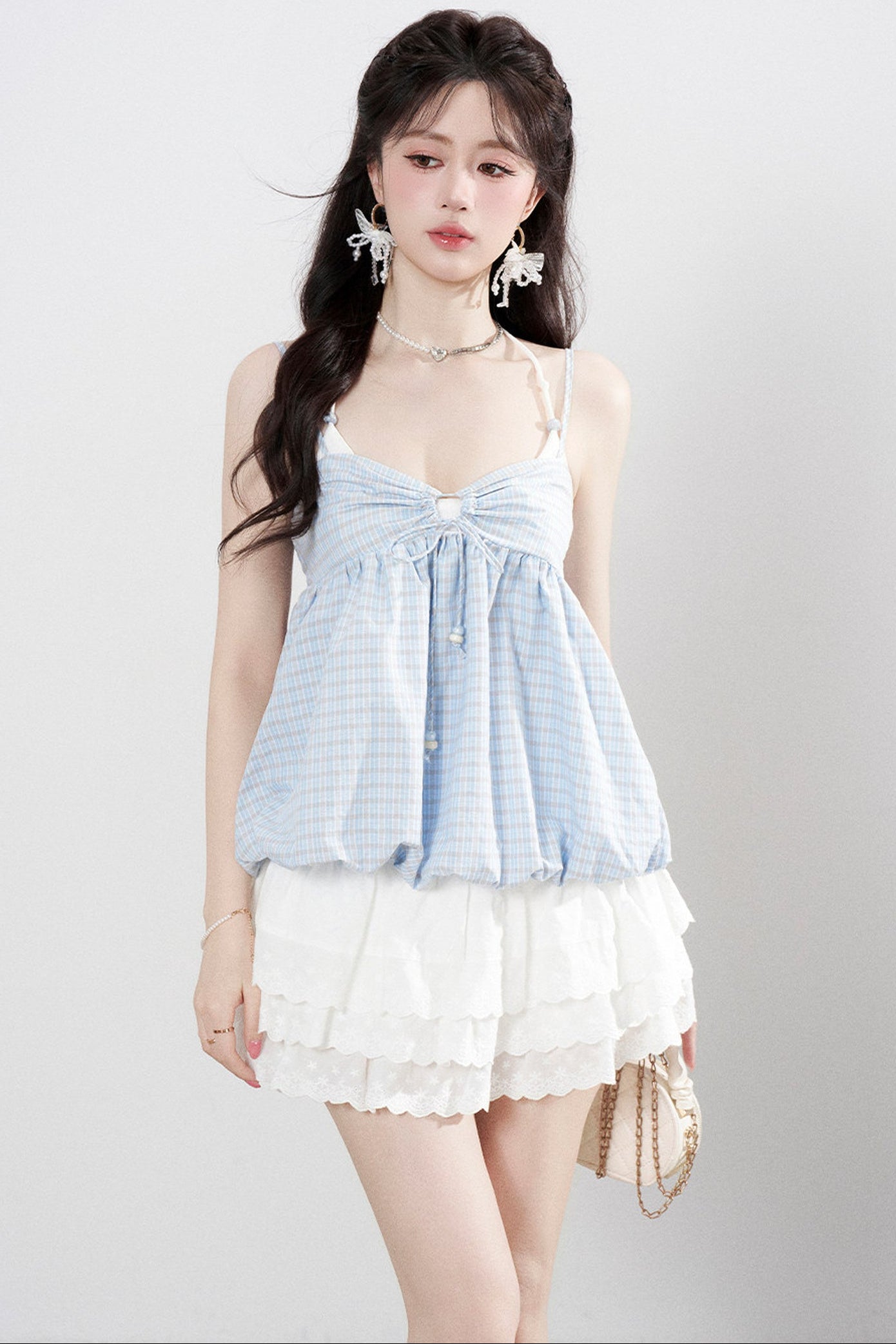 Blue Plaid Floral Camisole Top Set-Up