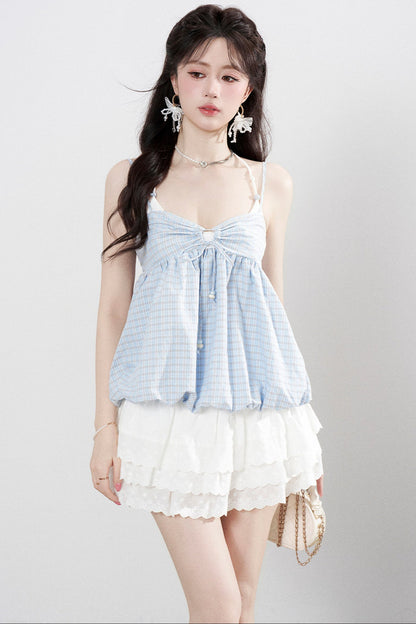 Blue Plaid Floral Camisole Top Set-Up