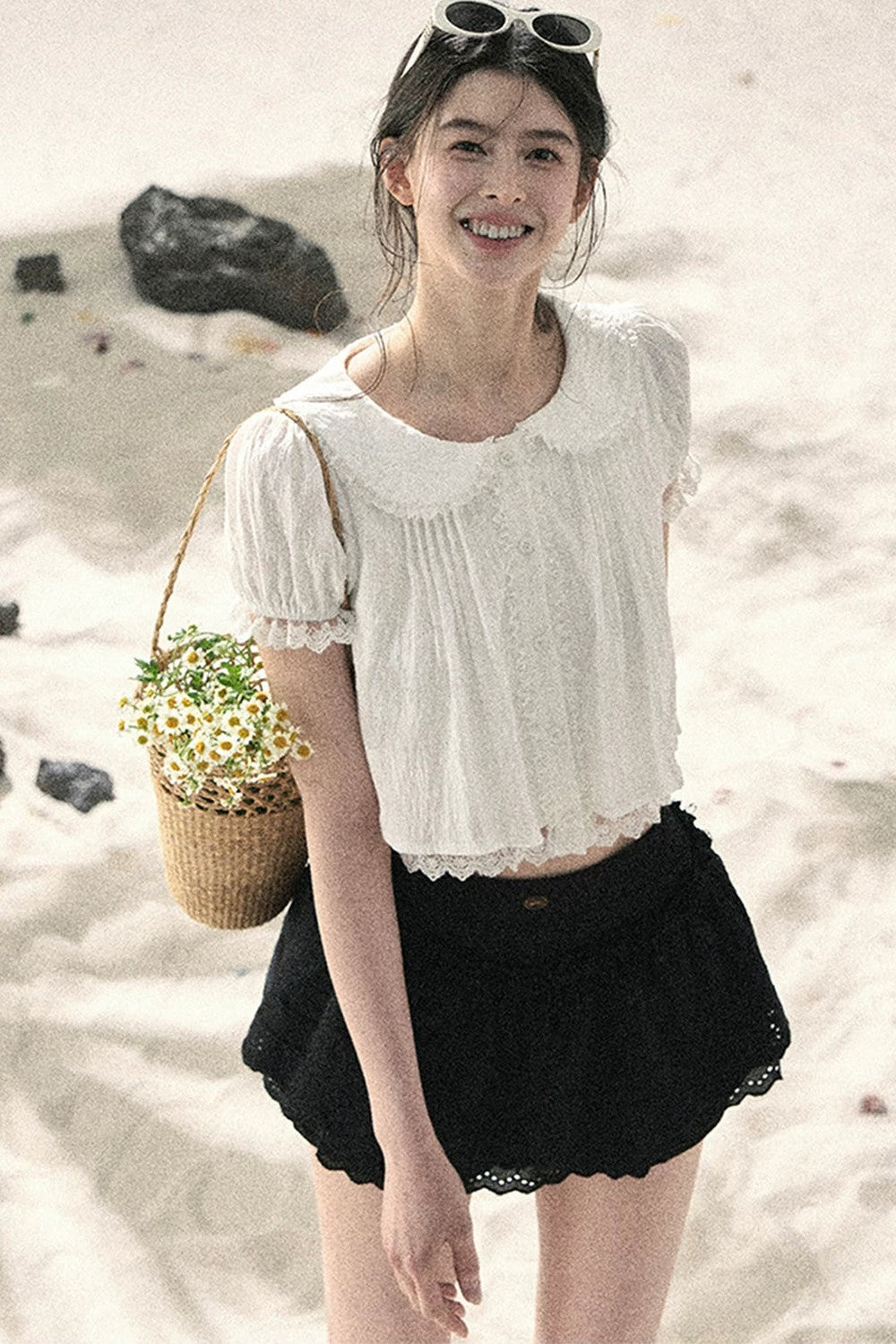 French Style Lace Puff Sleeve Blouse