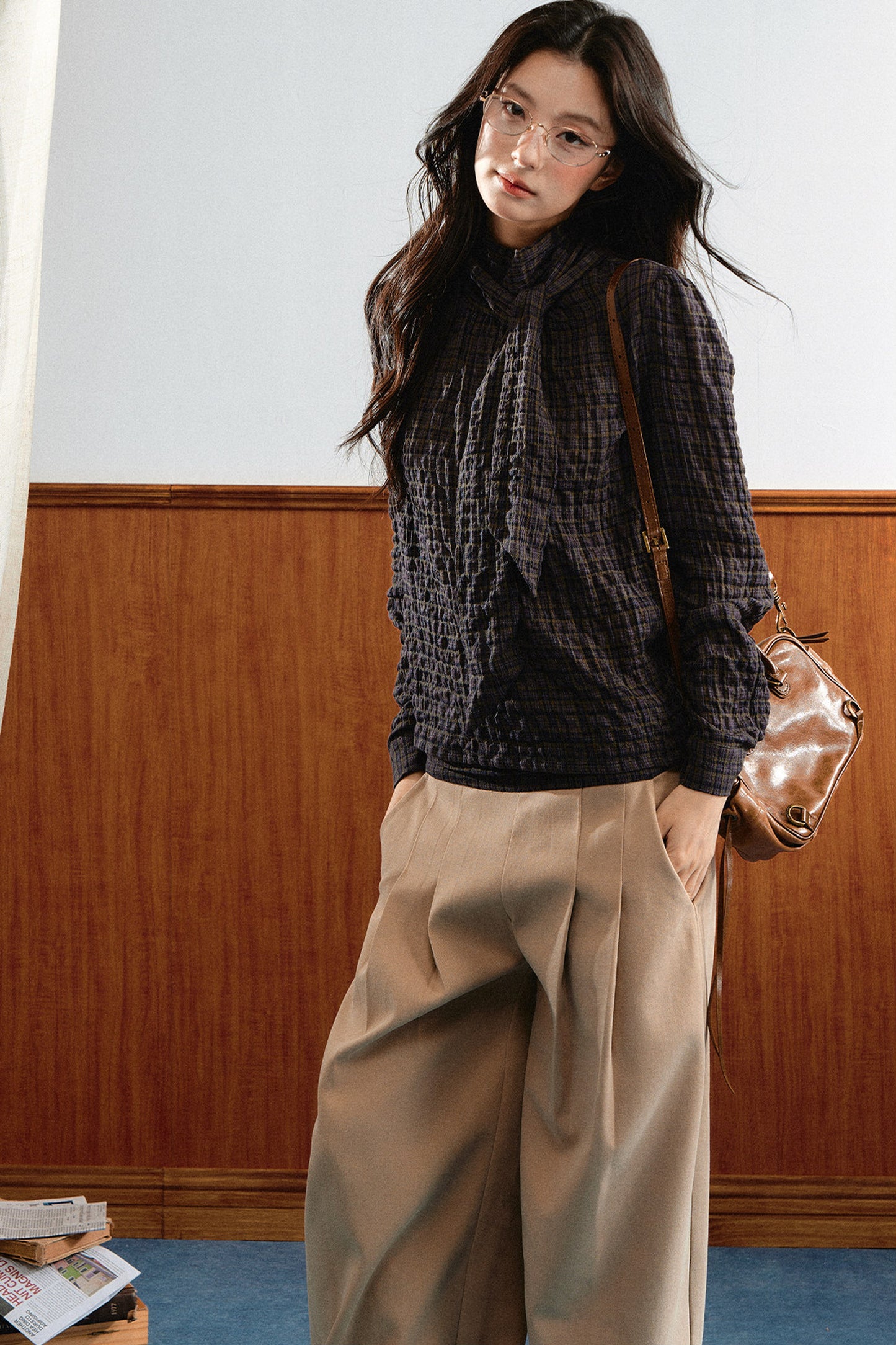 Plaid Cable-Knit Knit Shirt Top