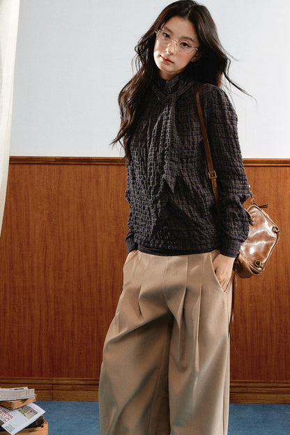 Plaid Cable-Knit Knit Shirt Top