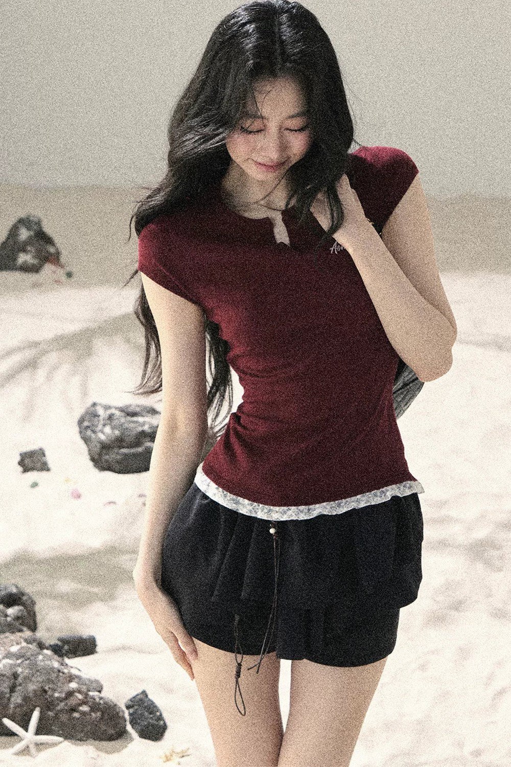 American Style Lace Fake Two-Piece Top