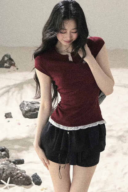 American Style Lace Fake Two-Piece Top