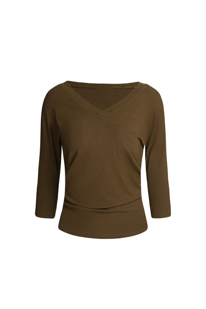 Brown V-Neck Sleeve Top