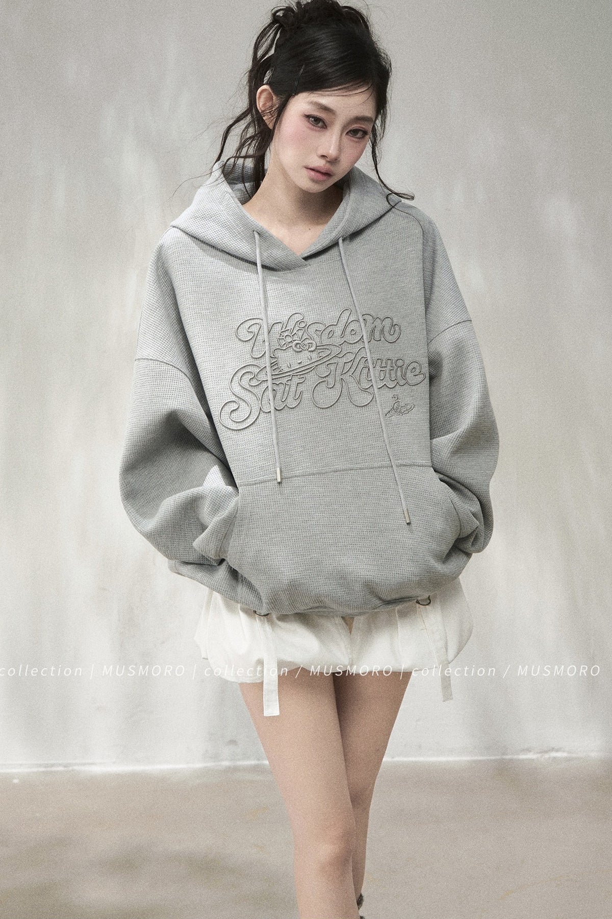 3D Embroidered Cat Waffle Hooded Sweatshirt