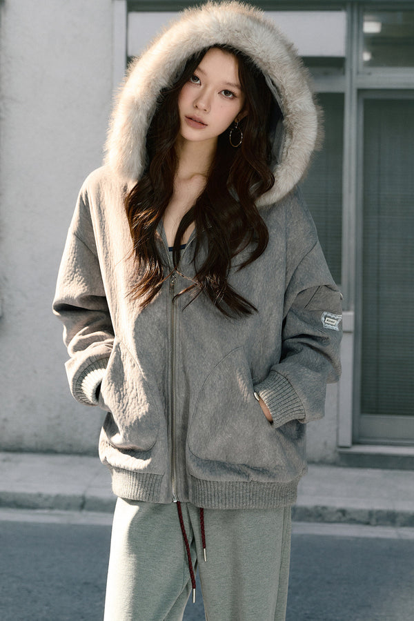 Detachable Fur Collar Quilted Hooded Jacket