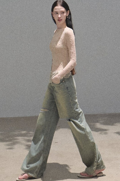 Silver Textured Knit Lace Blouse