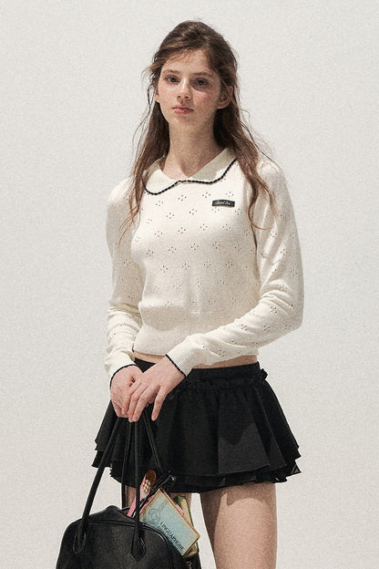 Doll Collar Floral Hollow Knit Top