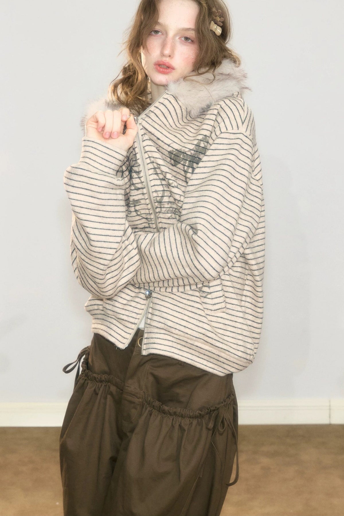 Fur Collar Hooded Striped Graffiti Jacket