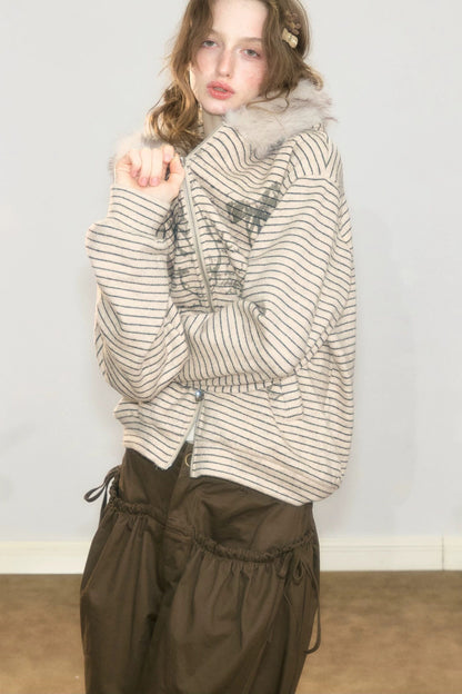 Fur Collar Hooded Striped Graffiti Jacket