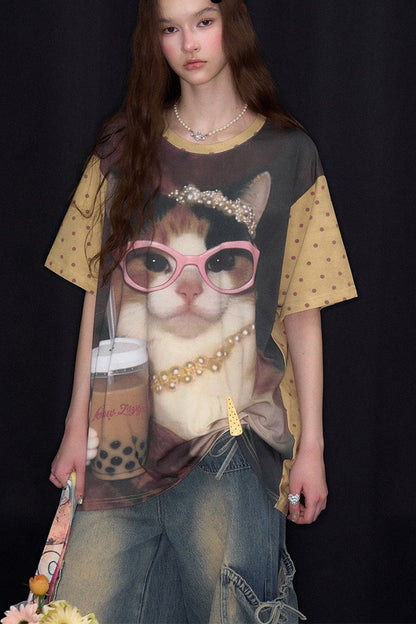 Locker sitzendes Kurzarm-T-Shirt mit Katzenprint