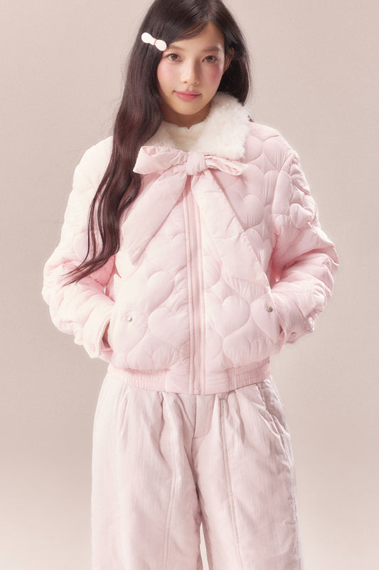 Heart Embossed Bow Padded Jacket