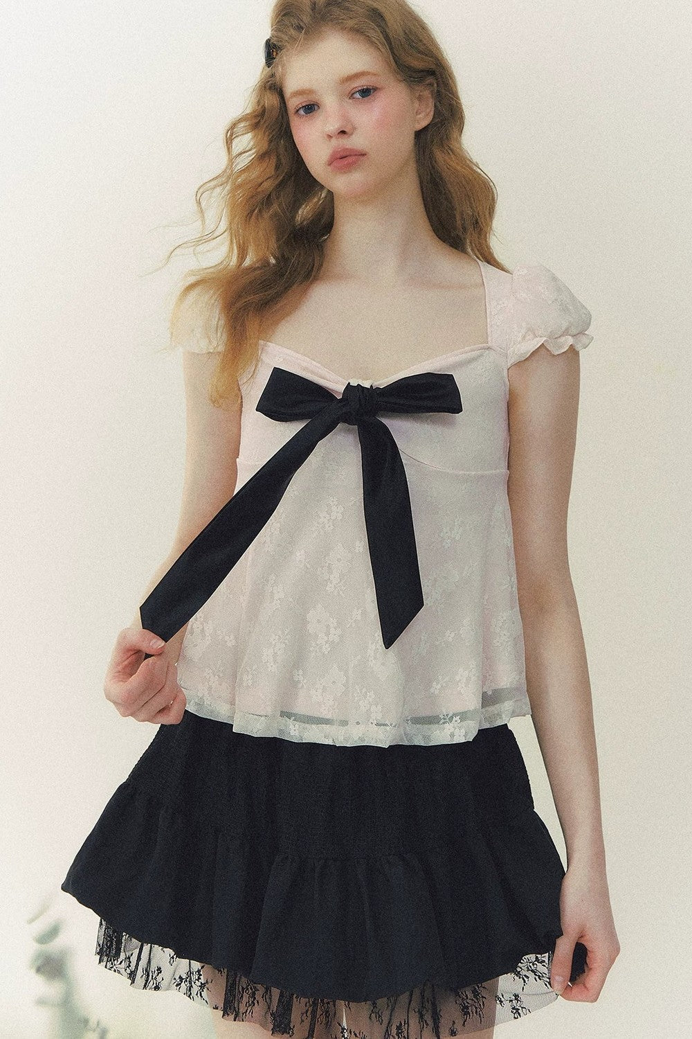 Square Neck Bow Lace Top