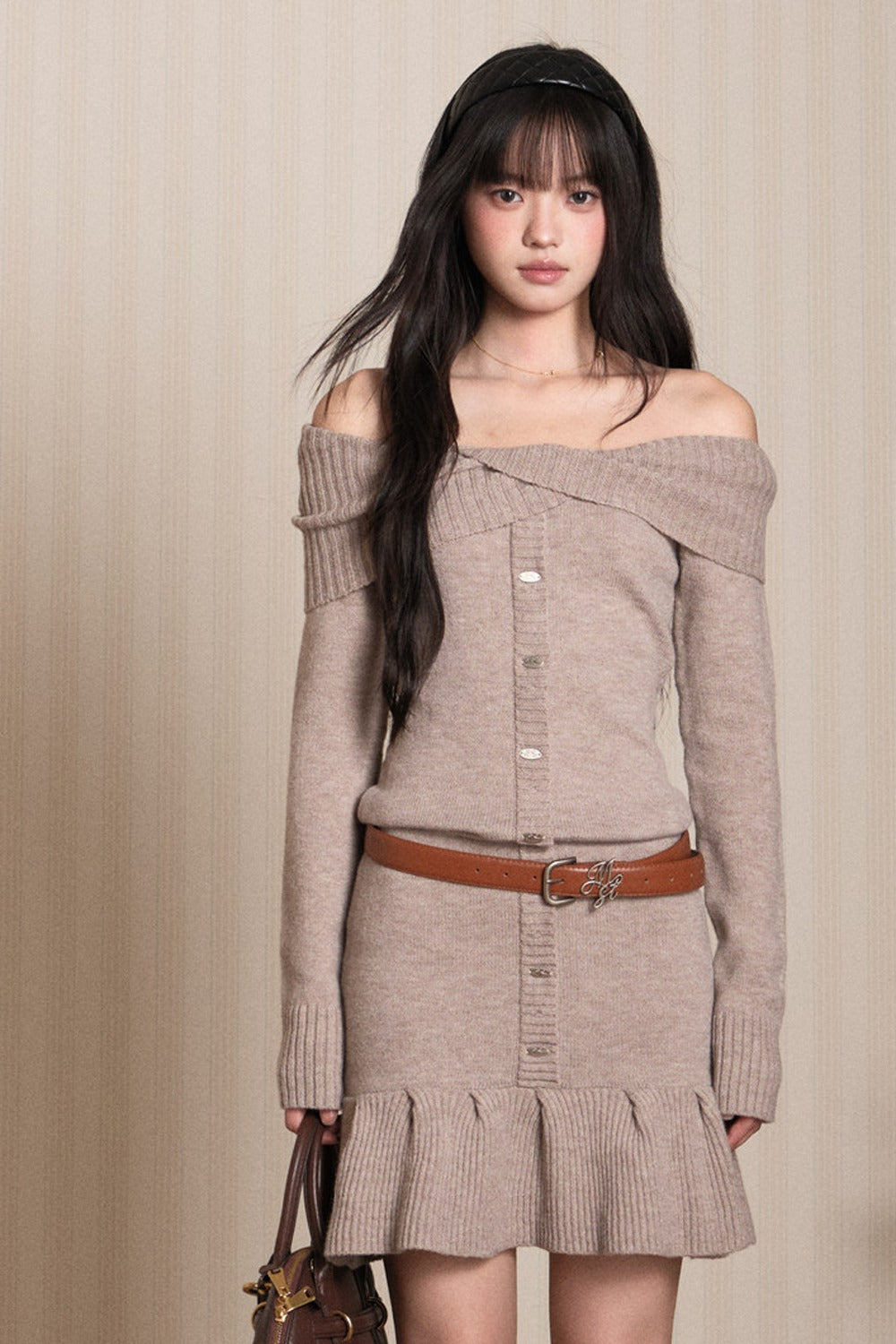 Ruffled Off-Shoulder Knit Dress