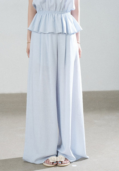Blue Tencel Halter Shirt and Wide-Leg Pants Set
