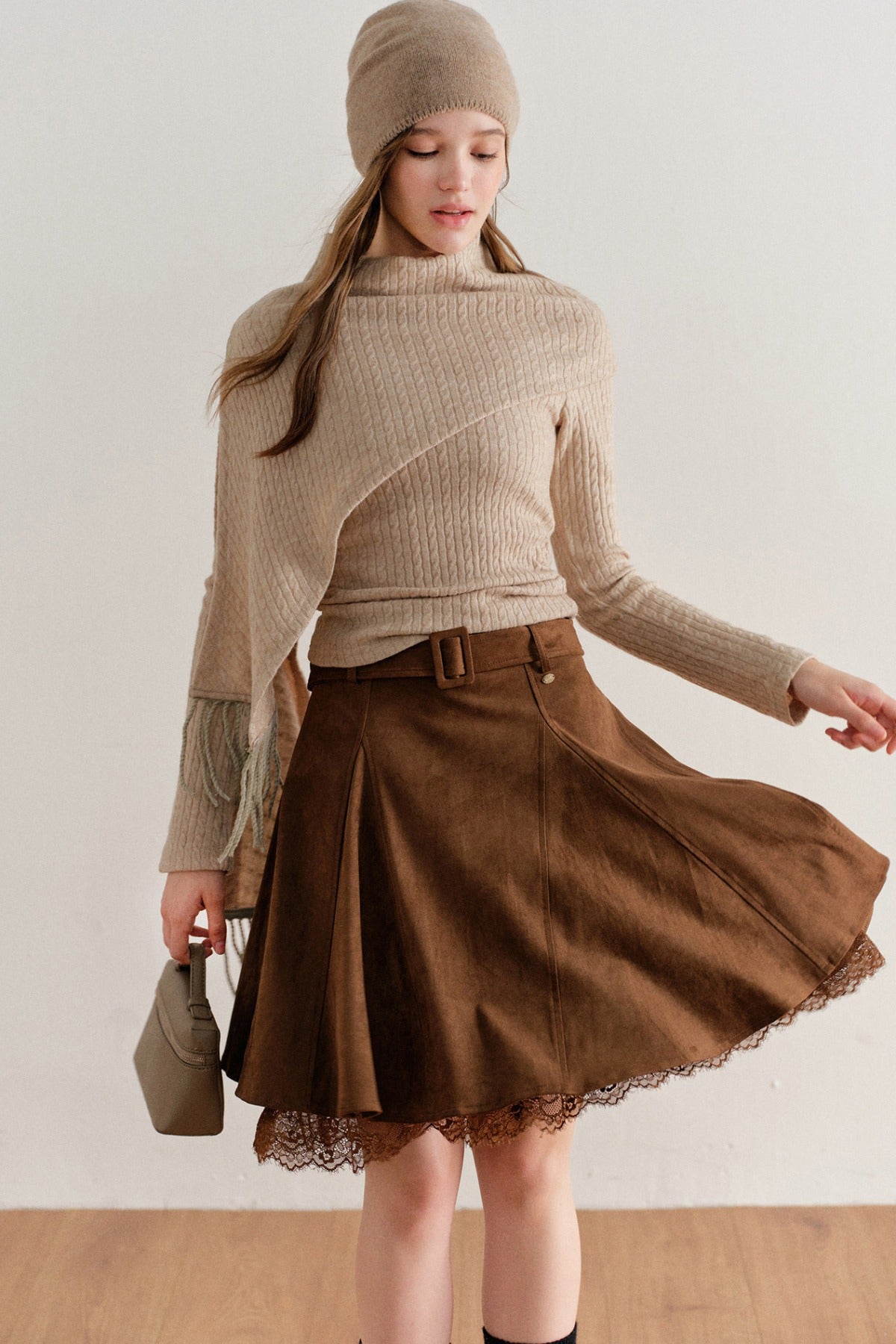 Faux Suede Lace Patchwork Skirt