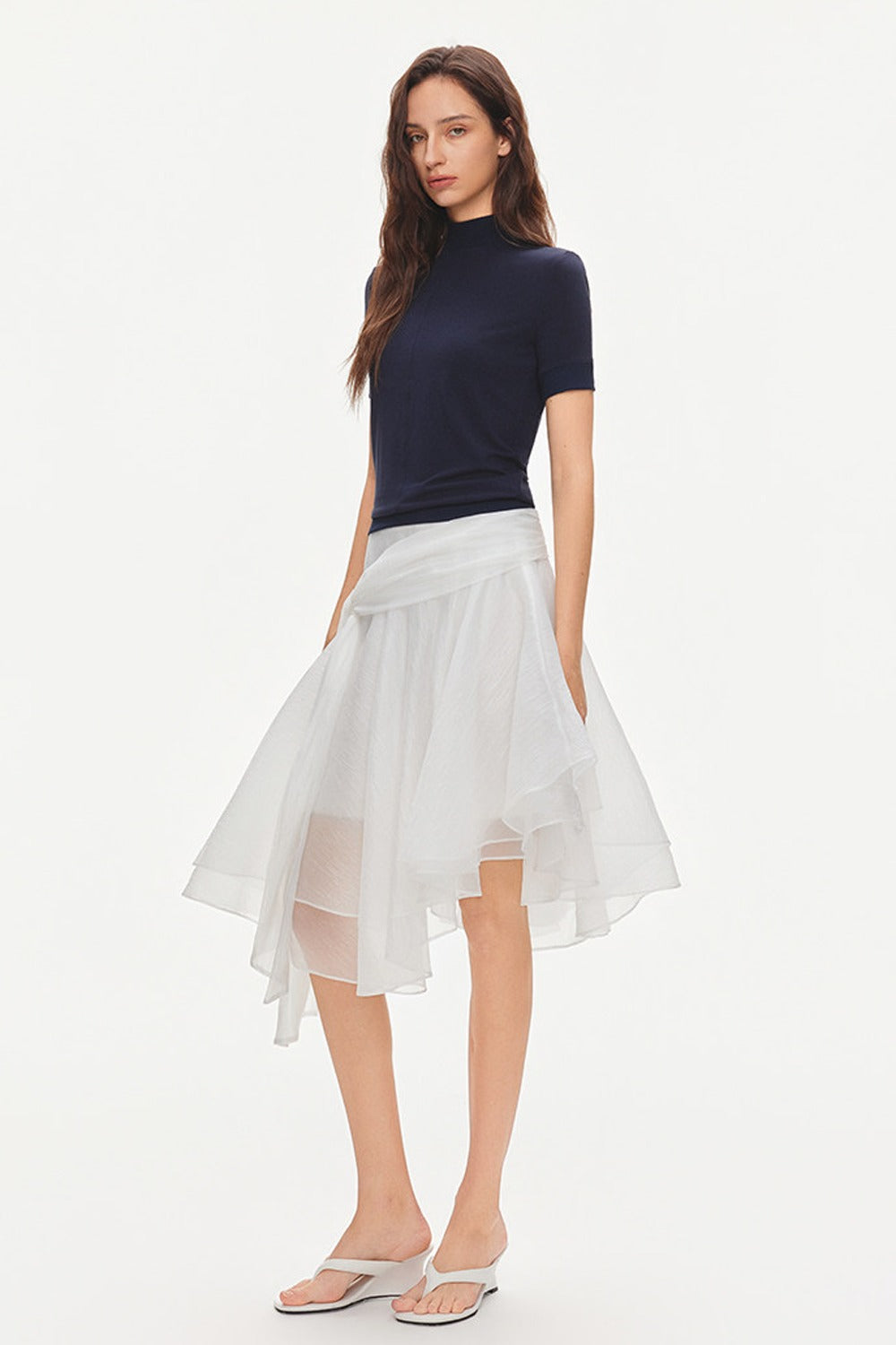 Asymmetrical Tie Waist Sheer Midi Skirt