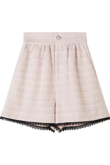 High-Waisted Lace Trim Tweed Shorts