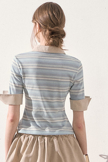 Mint Striped Patchwork Polo Top
