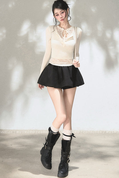 Layered-Look Lace Knit Top
