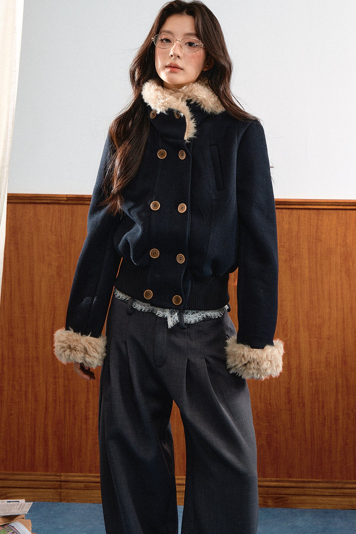 Double-Breasted Fur Trim Jacket