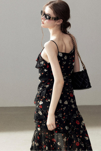 Robe à fines bretelles en mousseline à fleurs