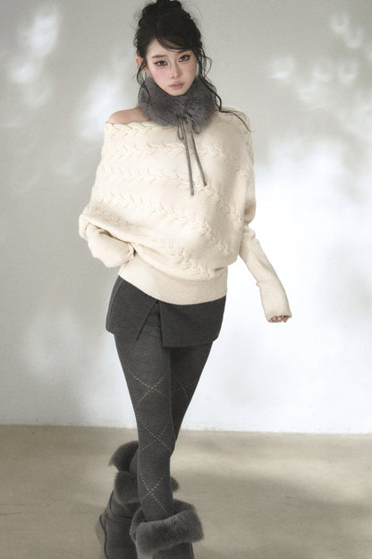 Diagonal Cable Knit Off-Shoulder Sweater