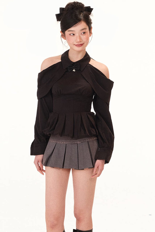 Black Shirt and Gray Pleated Skirt Set-Up