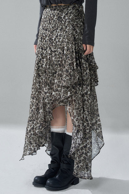 Asymmetrical Leopard Print Chiffon Skirt