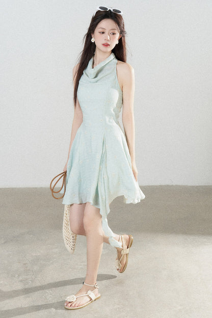 Halter Neck Sleeveless Irregular Hem Ruffle Dress
