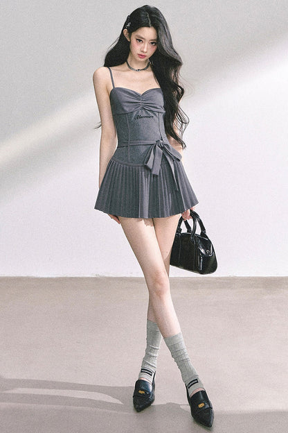 Gray Spaghetti Strap Puffy Dress