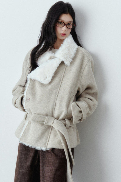 Plush Lapel Woolen Tie-Up Jacket